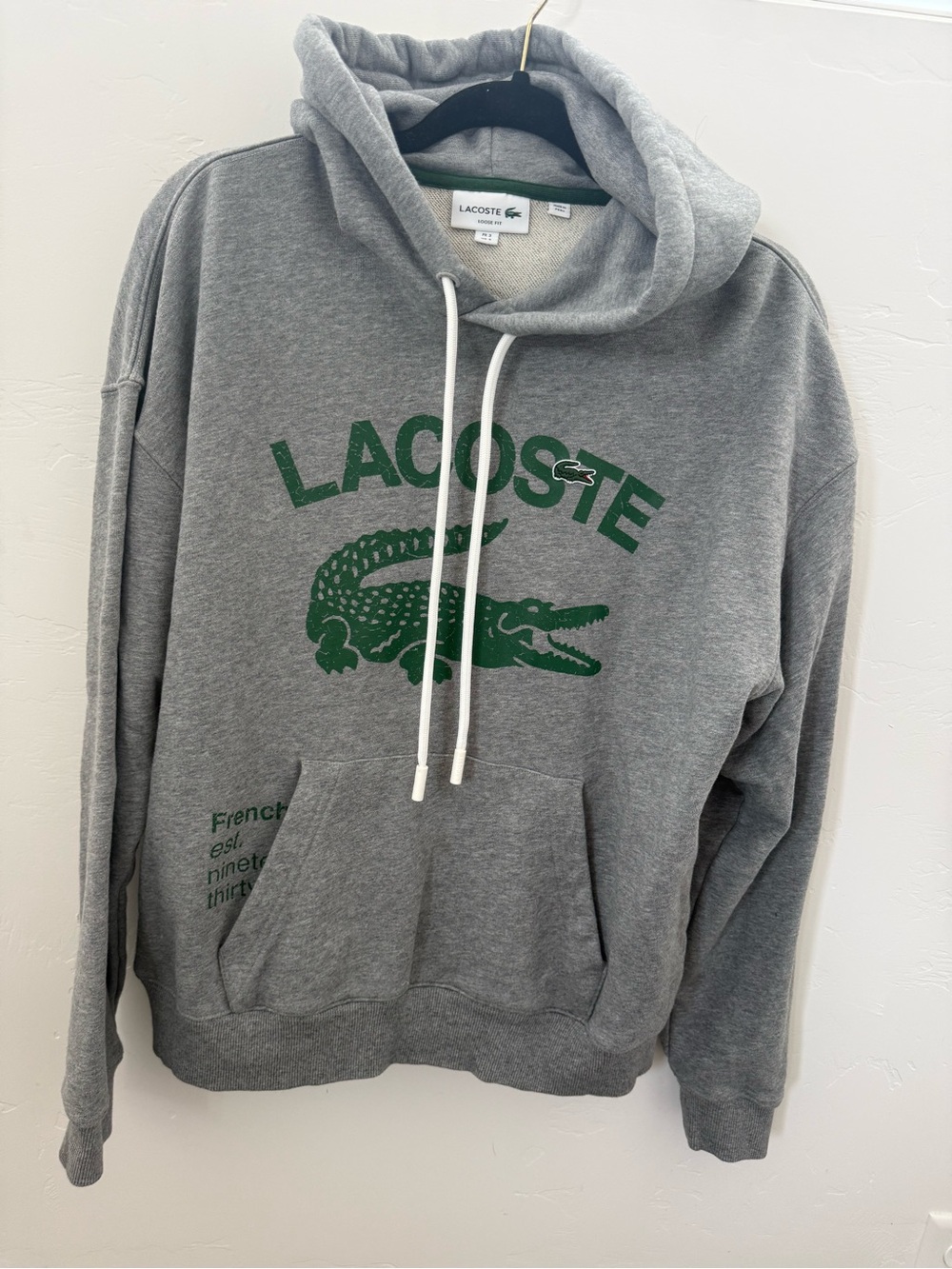 Lacoste Gray Pullover Hoodie with Green Crocodile Logo